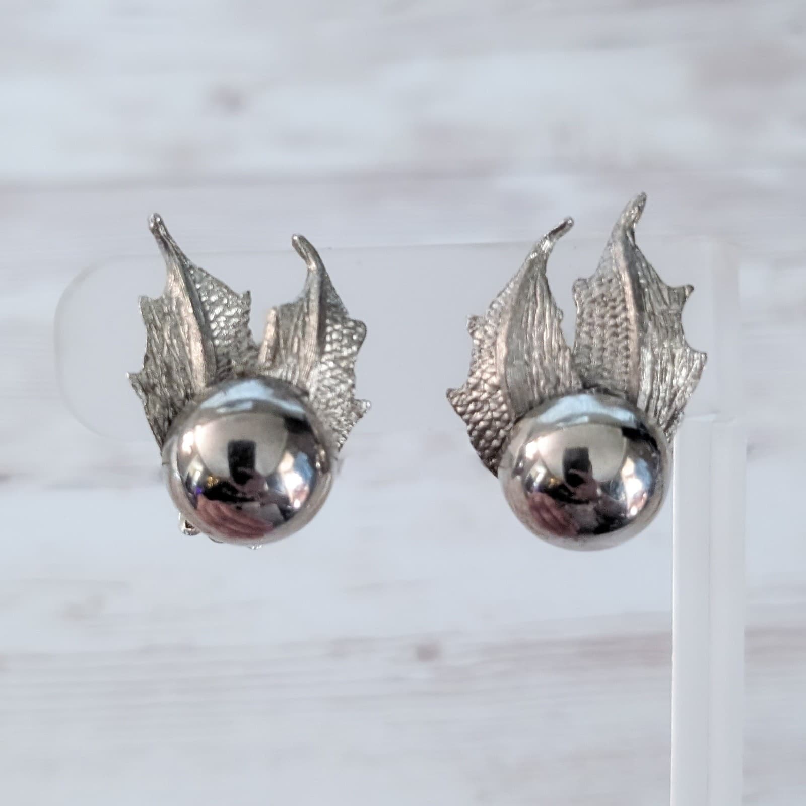 Vintage Clip On Earrings Large Statement Silver Tone Ball and Wing