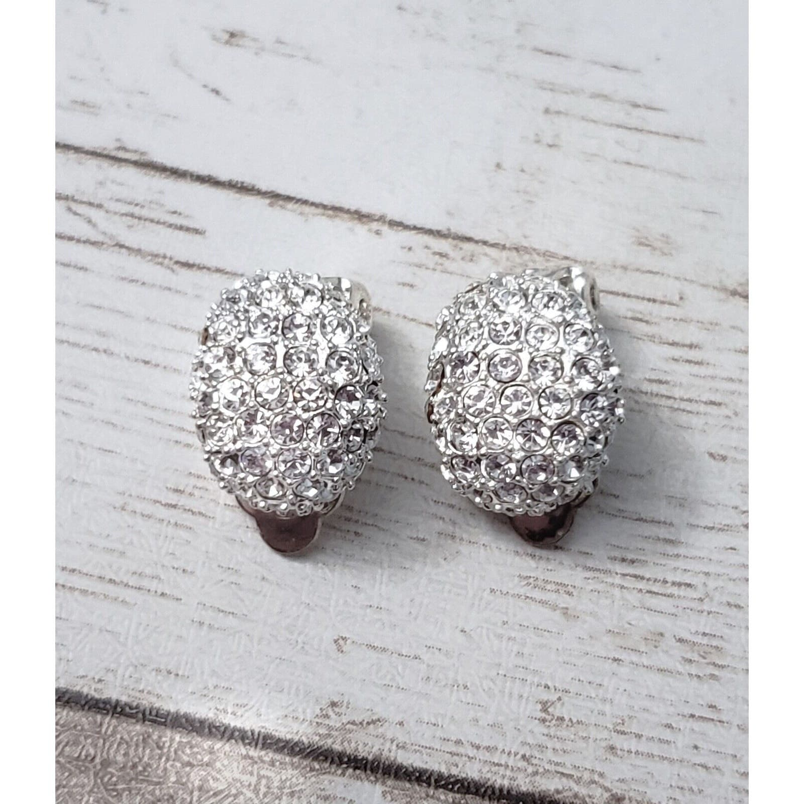 Vintage Clip On Earrings - Just Over 0.5" Silver Tone & Clear Gems