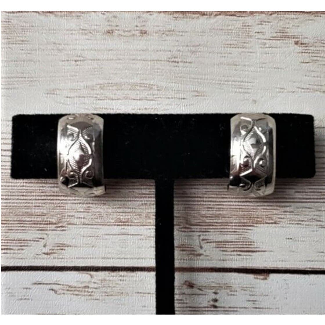 Vintage Clip On Earrings - Half Hoop Patterned Silver Tone