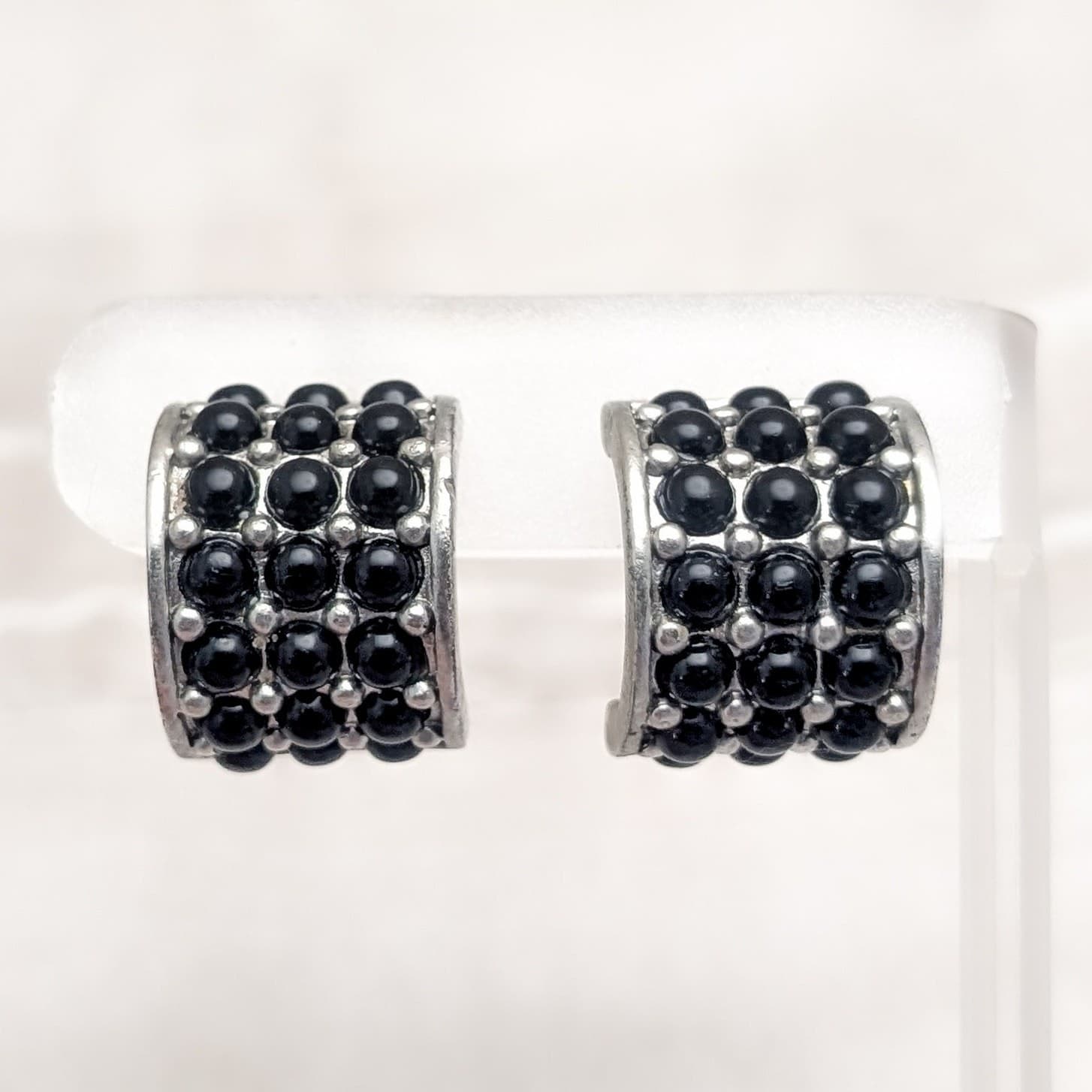Vintage Clip On Earrings Chunky Hoops Silver Tone with Black Accents Statement