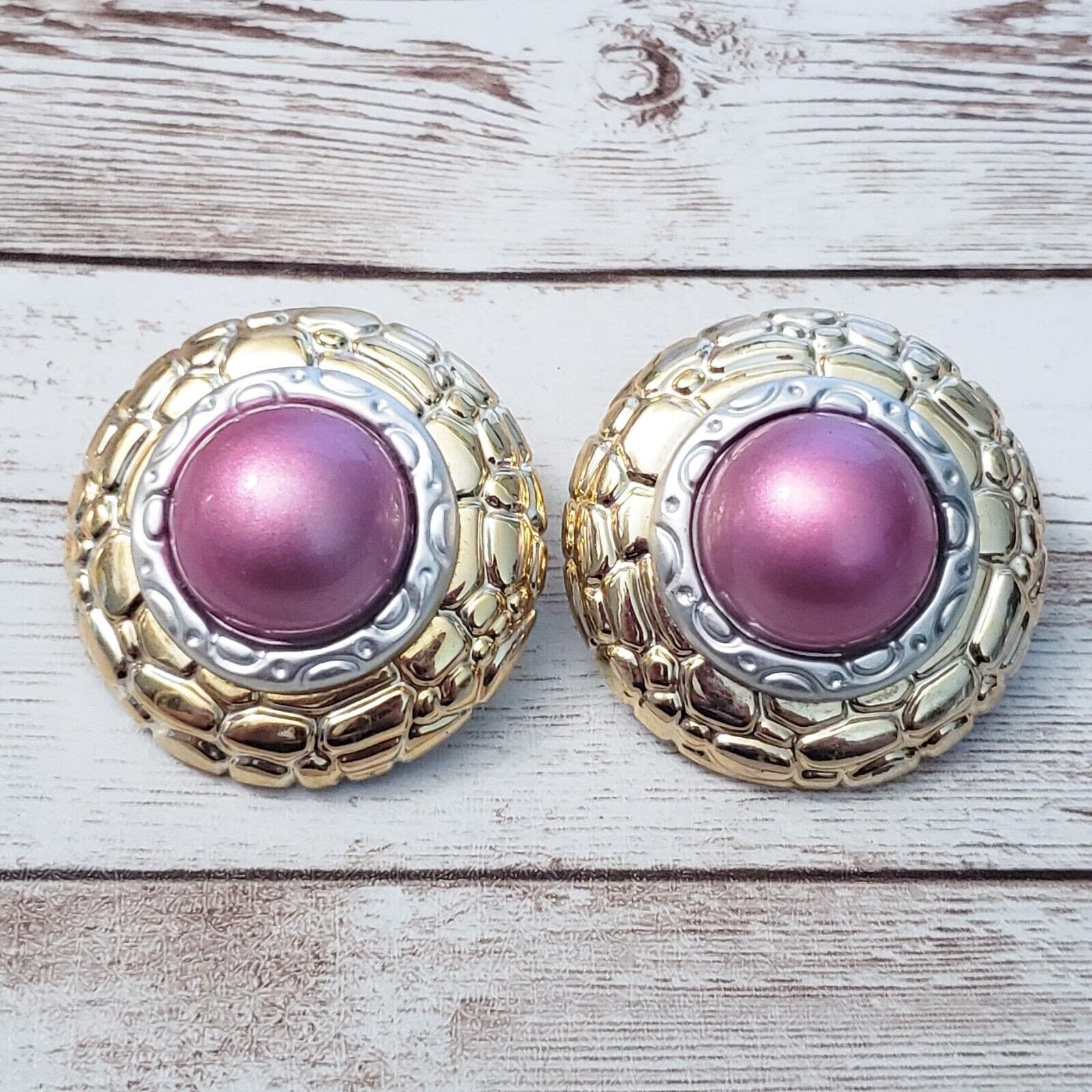 Vintage Clip On Earrings - Silver Tone, Light Pink & Gold Tone Large Statement