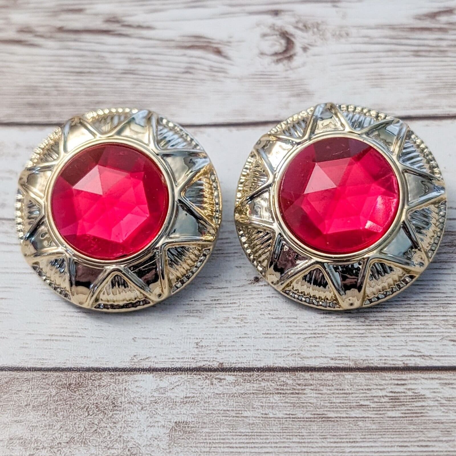 Vintage Clip On Earrings Pink Faceted with Ornate Gold Tone Halo Large Statement