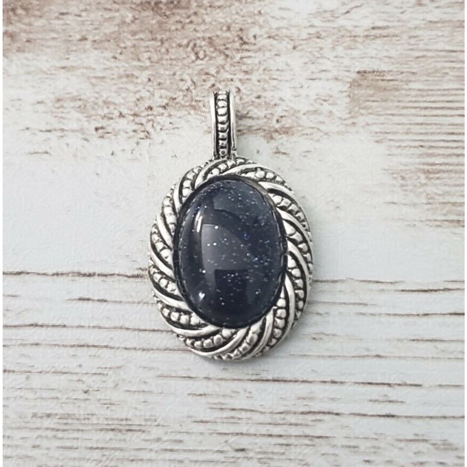 Vintage Pendant - Midnight Blue with Silver Tone Halo - No Chain Included